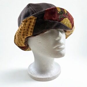 Patchwork Cloche Bucket Hat Floral Embroidered Womens OS Brown Boho Velvet